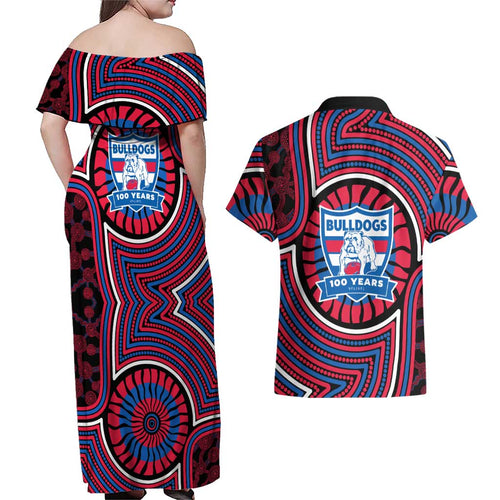 Western Bulldogs Couples Matching Off Shoulder Maxi Dress and Hawaiian Shirt Indigenous Monochrome Dot Art Mascot Style