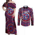 Western Bulldogs Couples Matching Off Shoulder Maxi Dress and Long Sleeve Button Shirt Indigenous Monochrome Dot Art Mascot Style