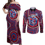 Western Bulldogs Couples Matching Off Shoulder Maxi Dress and Long Sleeve Button Shirt Indigenous Monochrome Dot Art Mascot Style