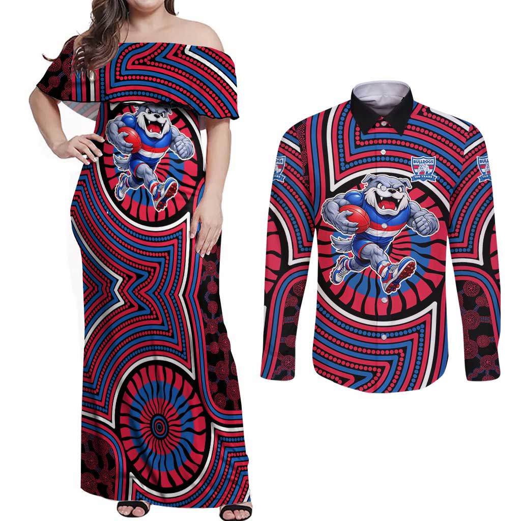 Western Bulldogs Couples Matching Off Shoulder Maxi Dress and Long Sleeve Button Shirt Indigenous Monochrome Dot Art Mascot Style