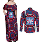 Western Bulldogs Couples Matching Off Shoulder Maxi Dress and Long Sleeve Button Shirt Indigenous Monochrome Dot Art Mascot Style