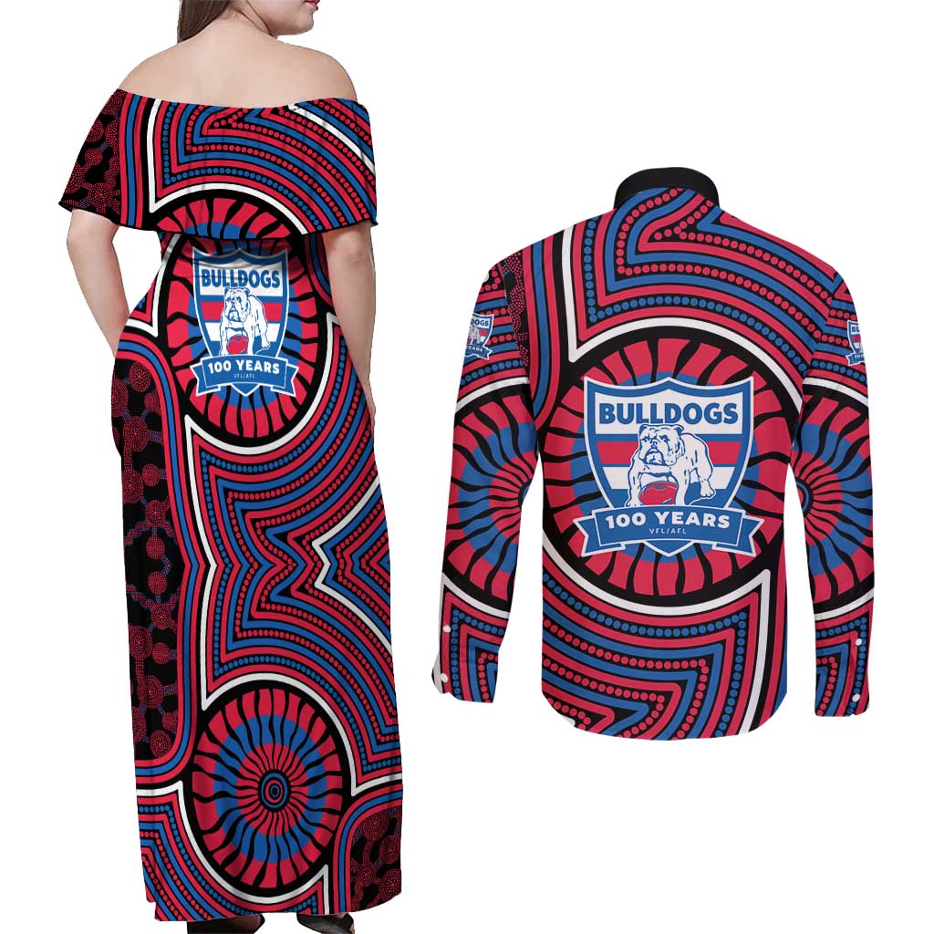 Western Bulldogs Couples Matching Off Shoulder Maxi Dress and Long Sleeve Button Shirt Indigenous Monochrome Dot Art Mascot Style