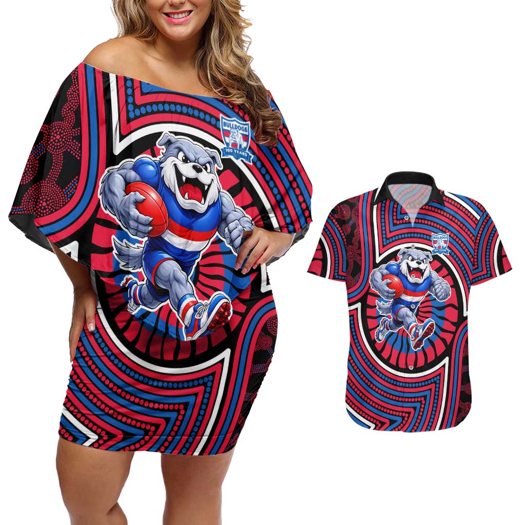 Western Bulldogs Couples Matching Off Shoulder Short Dress and Hawaiian Shirt Indigenous Monochrome Dot Art Mascot Style