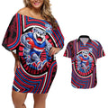Western Bulldogs Couples Matching Off Shoulder Short Dress and Hawaiian Shirt Indigenous Monochrome Dot Art Mascot Style