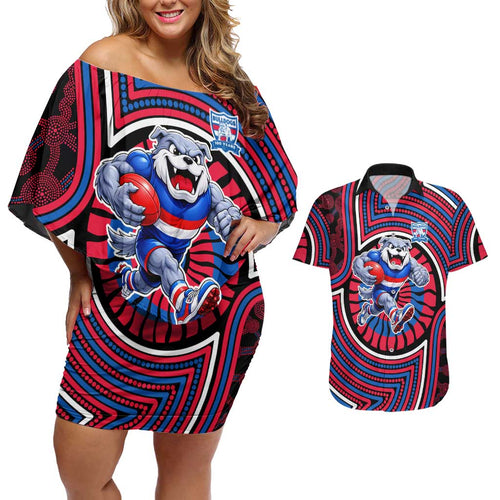 Western Bulldogs Couples Matching Off Shoulder Short Dress and Hawaiian Shirt Indigenous Monochrome Dot Art Mascot Style