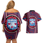 Western Bulldogs Couples Matching Off Shoulder Short Dress and Hawaiian Shirt Indigenous Monochrome Dot Art Mascot Style