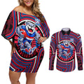 Western Bulldogs Couples Matching Off Shoulder Short Dress and Long Sleeve Button Shirt Indigenous Monochrome Dot Art Mascot Style