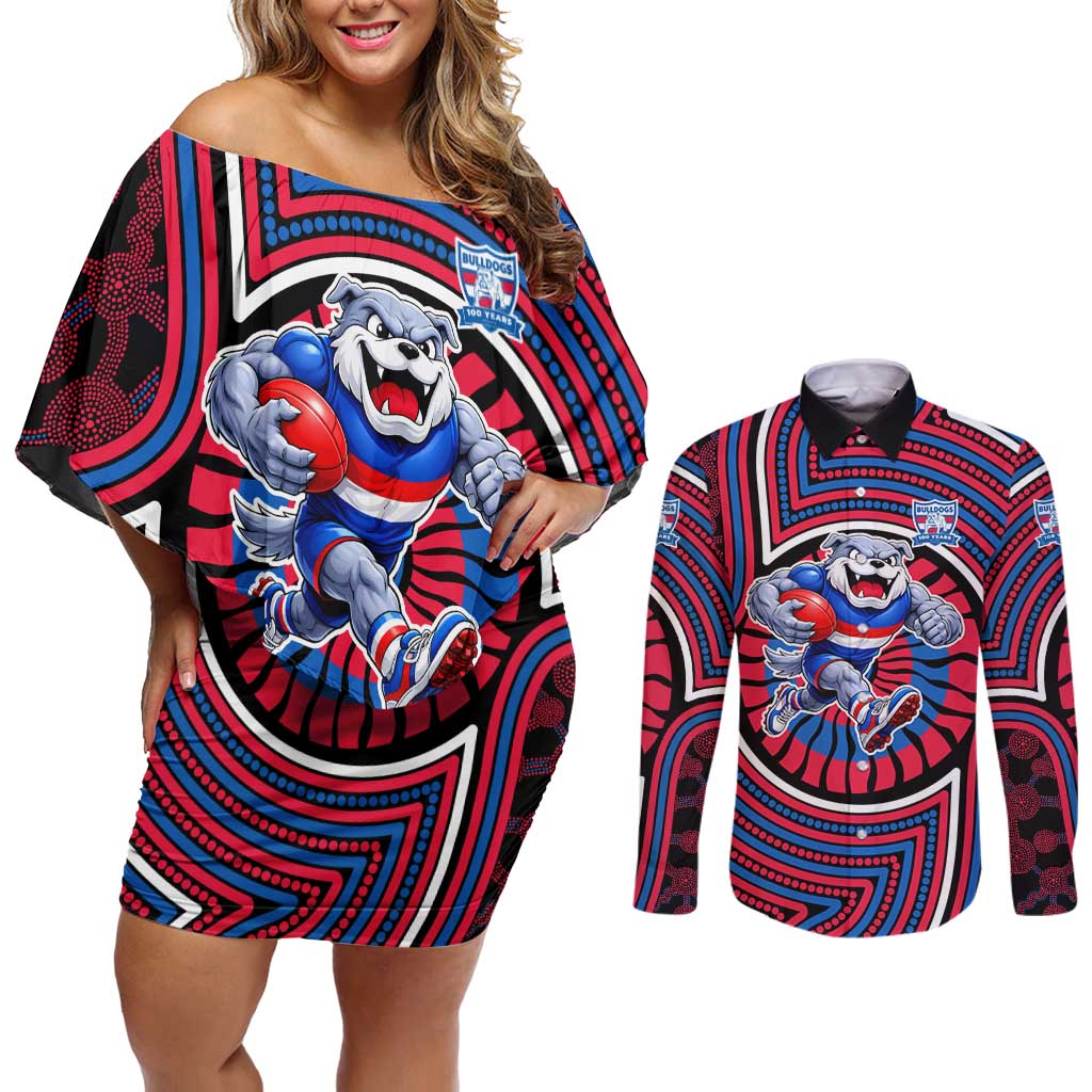 Western Bulldogs Couples Matching Off Shoulder Short Dress and Long Sleeve Button Shirt Indigenous Monochrome Dot Art Mascot Style