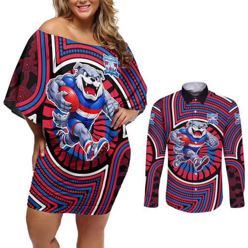 Western Bulldogs Couples Matching Off Shoulder Short Dress and Long Sleeve Button Shirt Indigenous Monochrome Dot Art Mascot Style