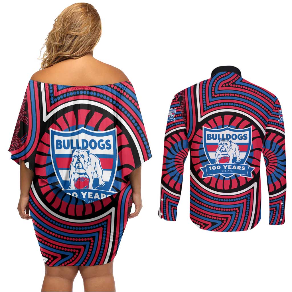 Western Bulldogs Couples Matching Off Shoulder Short Dress and Long Sleeve Button Shirt Indigenous Monochrome Dot Art Mascot Style