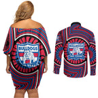 Western Bulldogs Couples Matching Off Shoulder Short Dress and Long Sleeve Button Shirt Indigenous Monochrome Dot Art Mascot Style