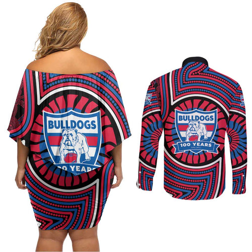 Western Bulldogs Couples Matching Off Shoulder Short Dress and Long Sleeve Button Shirt Indigenous Monochrome Dot Art Mascot Style