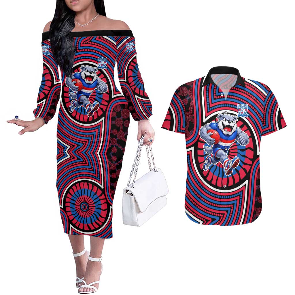 Western Bulldogs Couples Matching Off The Shoulder Long Sleeve Dress and Hawaiian Shirt Indigenous Monochrome Dot Art Mascot Style