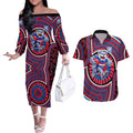 Western Bulldogs Couples Matching Off The Shoulder Long Sleeve Dress and Hawaiian Shirt Indigenous Monochrome Dot Art Mascot Style