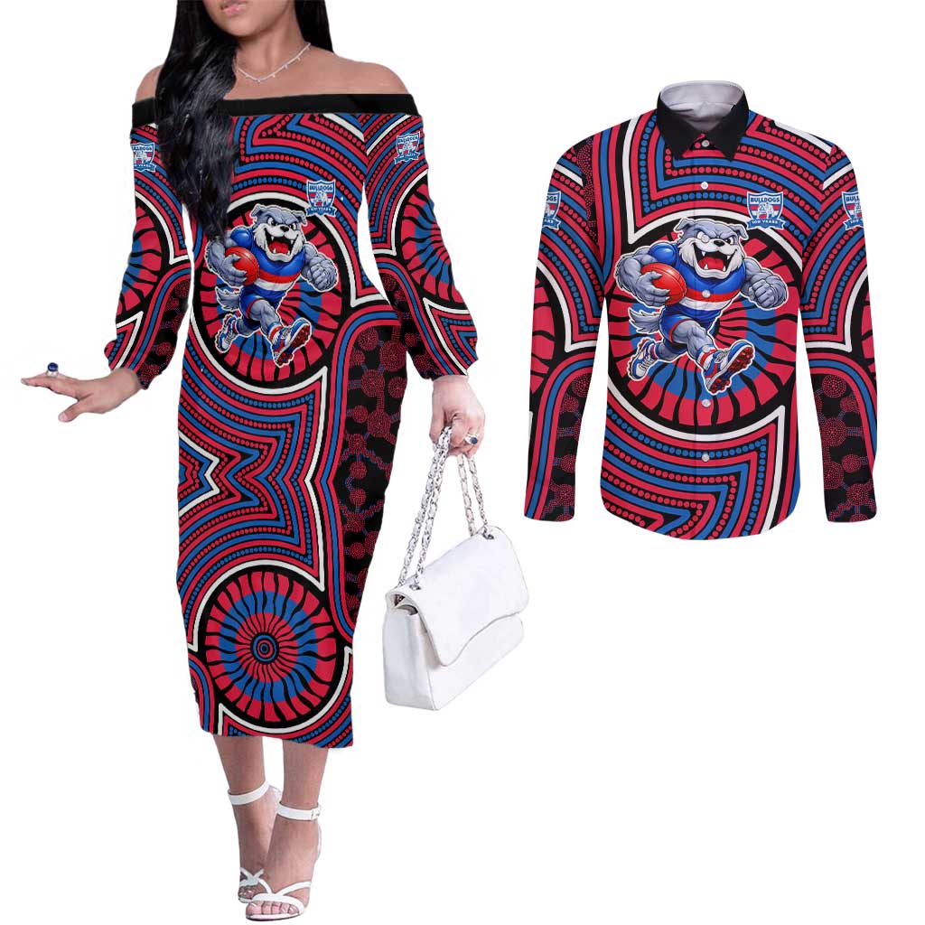 Western Bulldogs Couples Matching Off The Shoulder Long Sleeve Dress and Long Sleeve Button Shirt Indigenous Monochrome Dot Art Mascot Style