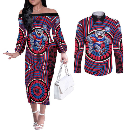 Western Bulldogs Couples Matching Off The Shoulder Long Sleeve Dress and Long Sleeve Button Shirt Indigenous Monochrome Dot Art Mascot Style