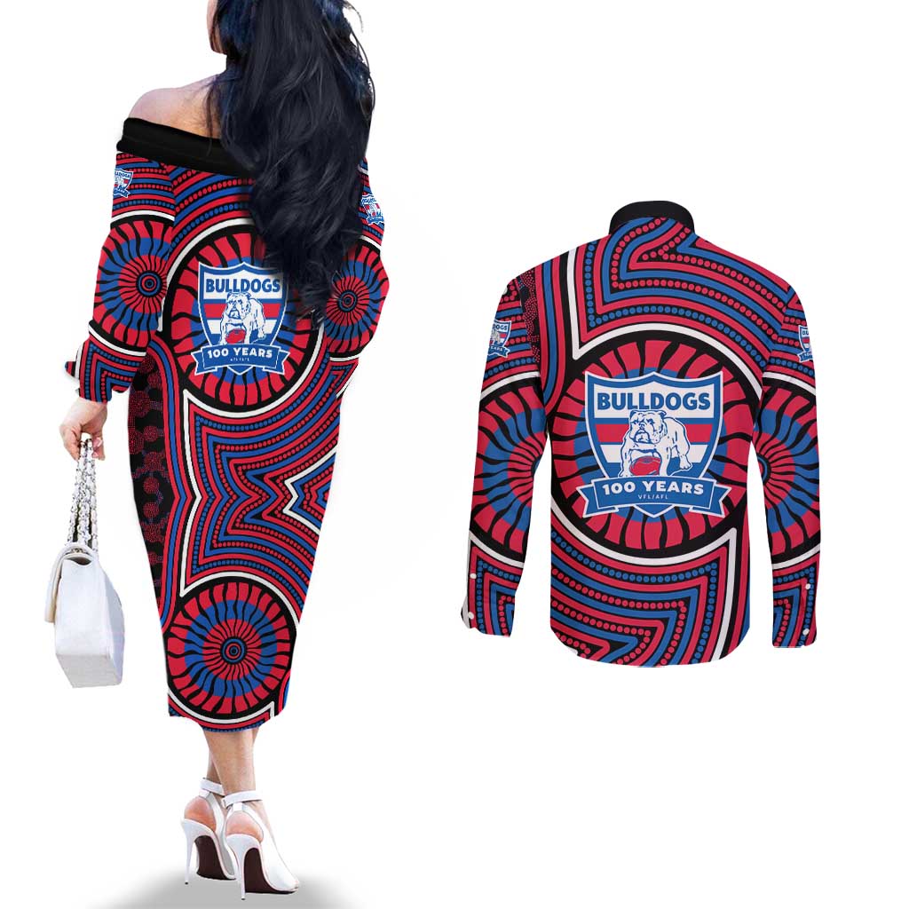 Western Bulldogs Couples Matching Off The Shoulder Long Sleeve Dress and Long Sleeve Button Shirt Indigenous Monochrome Dot Art Mascot Style