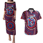 Western Bulldogs Couples Matching Puletasi and Hawaiian Shirt Indigenous Monochrome Dot Art Mascot Style