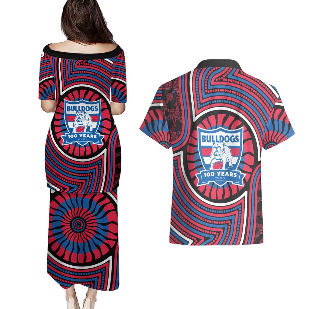 Western Bulldogs Couples Matching Puletasi and Hawaiian Shirt Indigenous Monochrome Dot Art Mascot Style