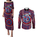 Western Bulldogs Couples Matching Puletasi and Long Sleeve Button Shirt Indigenous Monochrome Dot Art Mascot Style
