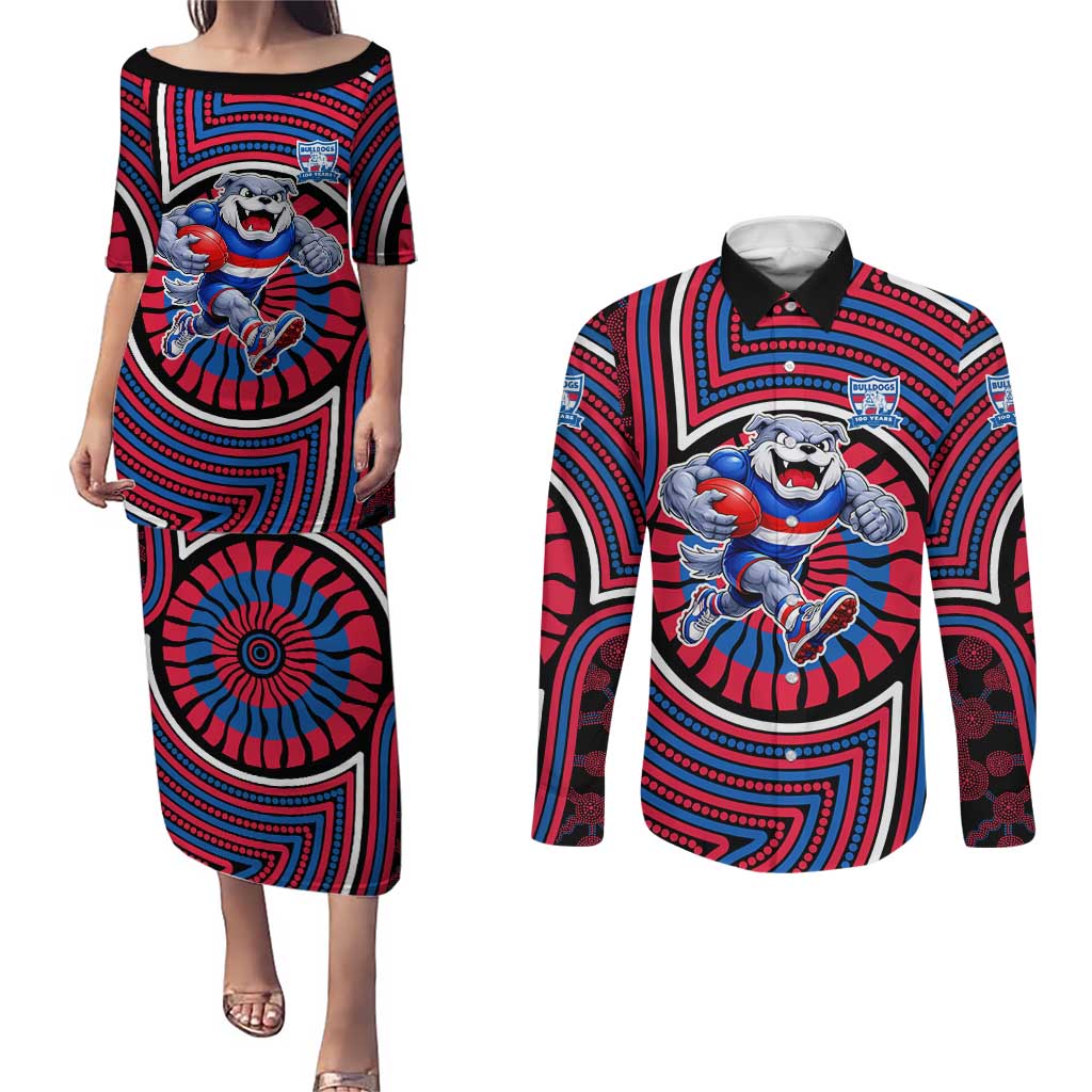 Western Bulldogs Couples Matching Puletasi and Long Sleeve Button Shirt Indigenous Monochrome Dot Art Mascot Style