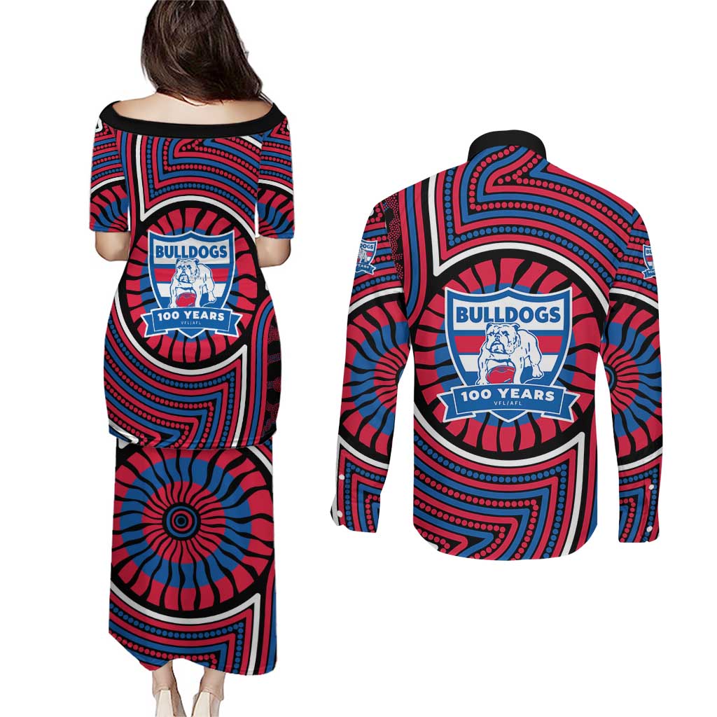 Western Bulldogs Couples Matching Puletasi and Long Sleeve Button Shirt Indigenous Monochrome Dot Art Mascot Style