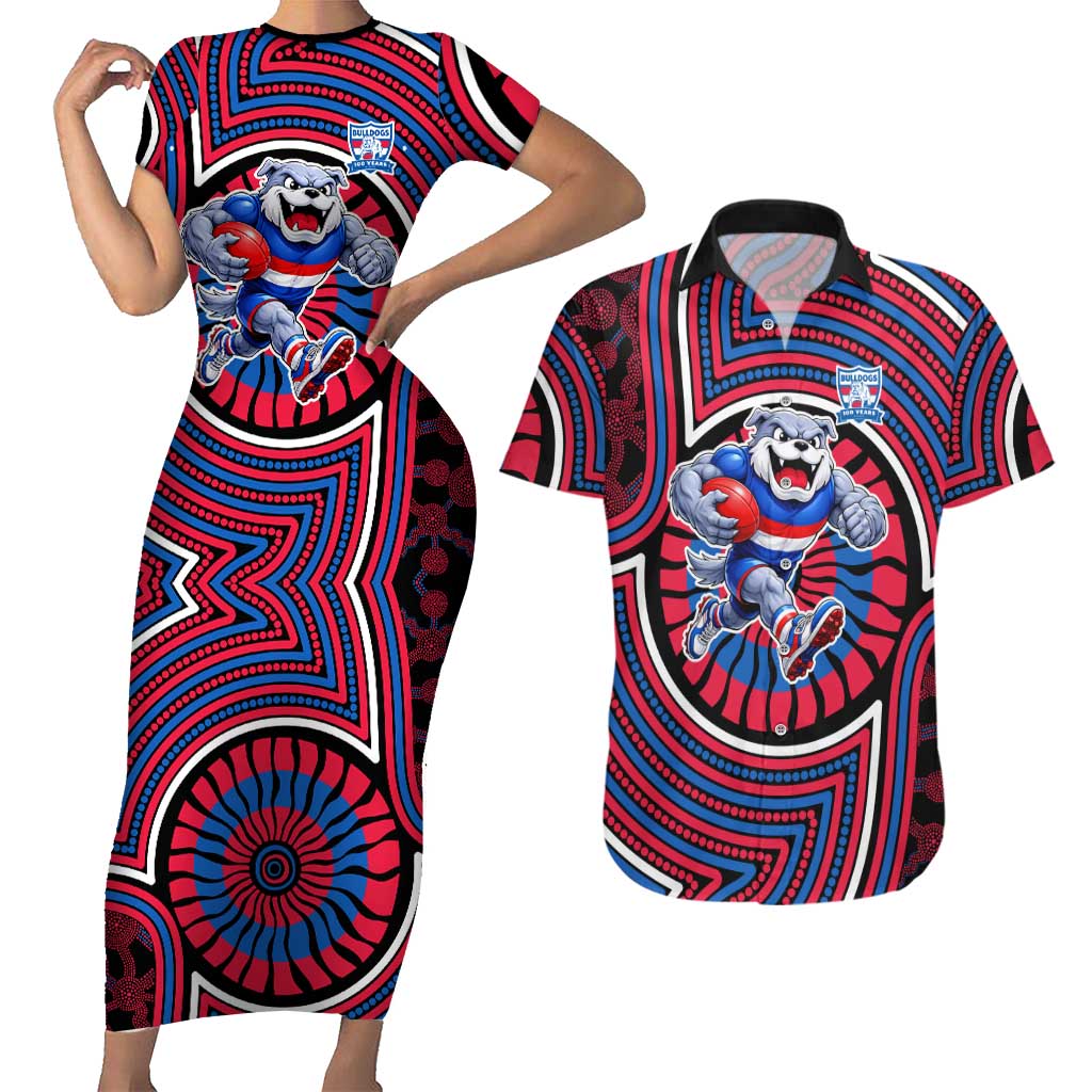 Western Bulldogs Couples Matching Short Sleeve Bodycon Dress and Hawaiian Shirt Indigenous Monochrome Dot Art Mascot Style