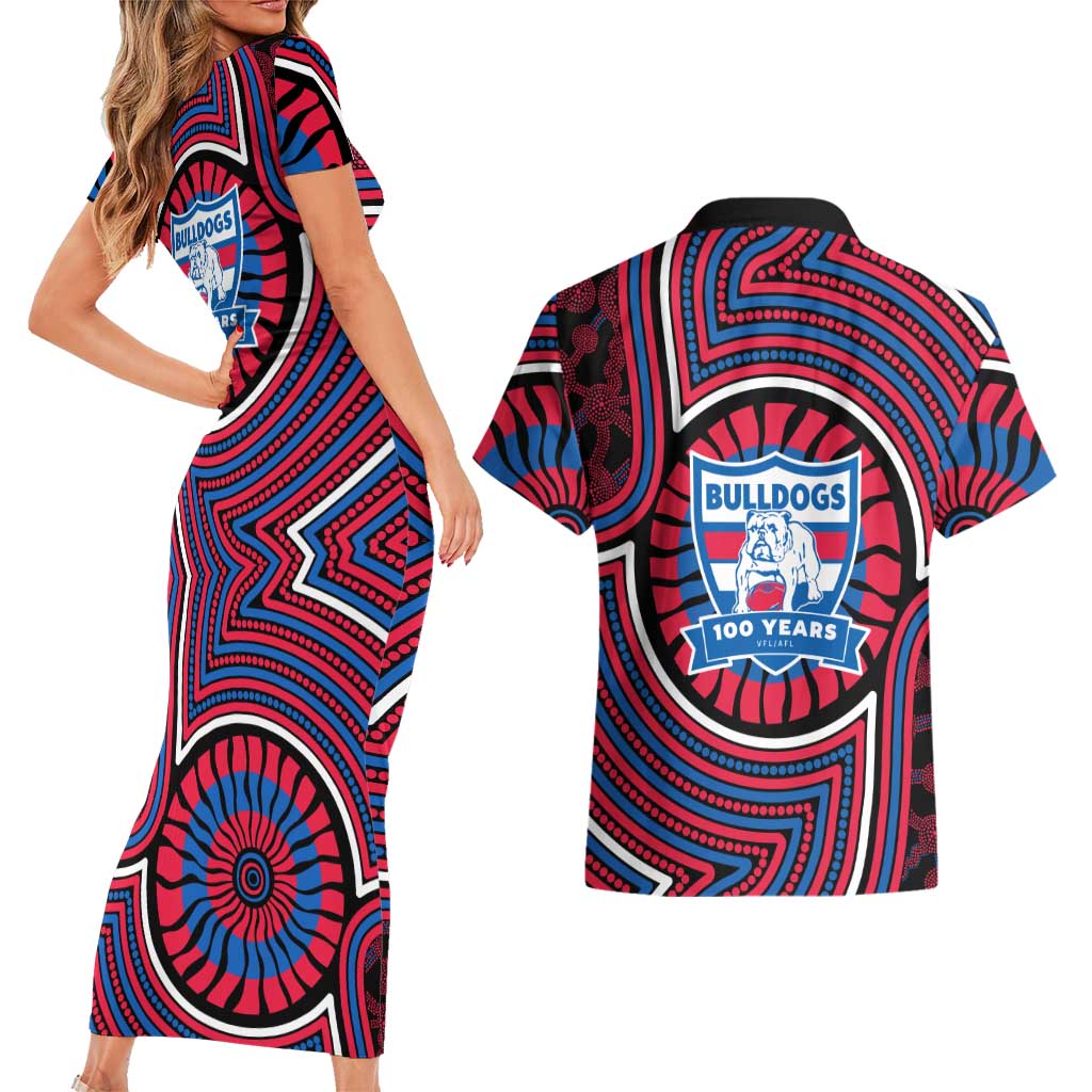Western Bulldogs Couples Matching Short Sleeve Bodycon Dress and Hawaiian Shirt Indigenous Monochrome Dot Art Mascot Style