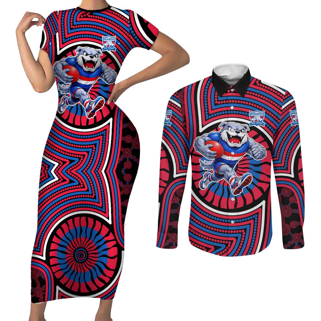 Western Bulldogs Couples Matching Short Sleeve Bodycon Dress and Long Sleeve Button Shirt Indigenous Monochrome Dot Art Mascot Style