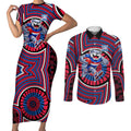 Western Bulldogs Couples Matching Short Sleeve Bodycon Dress and Long Sleeve Button Shirt Indigenous Monochrome Dot Art Mascot Style