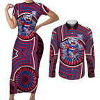 Western Bulldogs Couples Matching Short Sleeve Bodycon Dress and Long Sleeve Button Shirt Indigenous Monochrome Dot Art Mascot Style