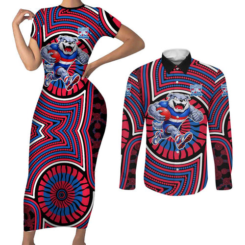 Western Bulldogs Couples Matching Short Sleeve Bodycon Dress and Long Sleeve Button Shirt Indigenous Monochrome Dot Art Mascot Style