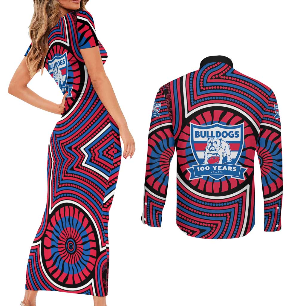 Western Bulldogs Couples Matching Short Sleeve Bodycon Dress and Long Sleeve Button Shirt Indigenous Monochrome Dot Art Mascot Style
