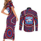 Western Bulldogs Couples Matching Short Sleeve Bodycon Dress and Long Sleeve Button Shirt Indigenous Monochrome Dot Art Mascot Style