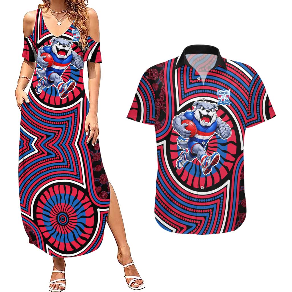 Western Bulldogs Couples Matching Summer Maxi Dress and Hawaiian Shirt Indigenous Monochrome Dot Art Mascot Style