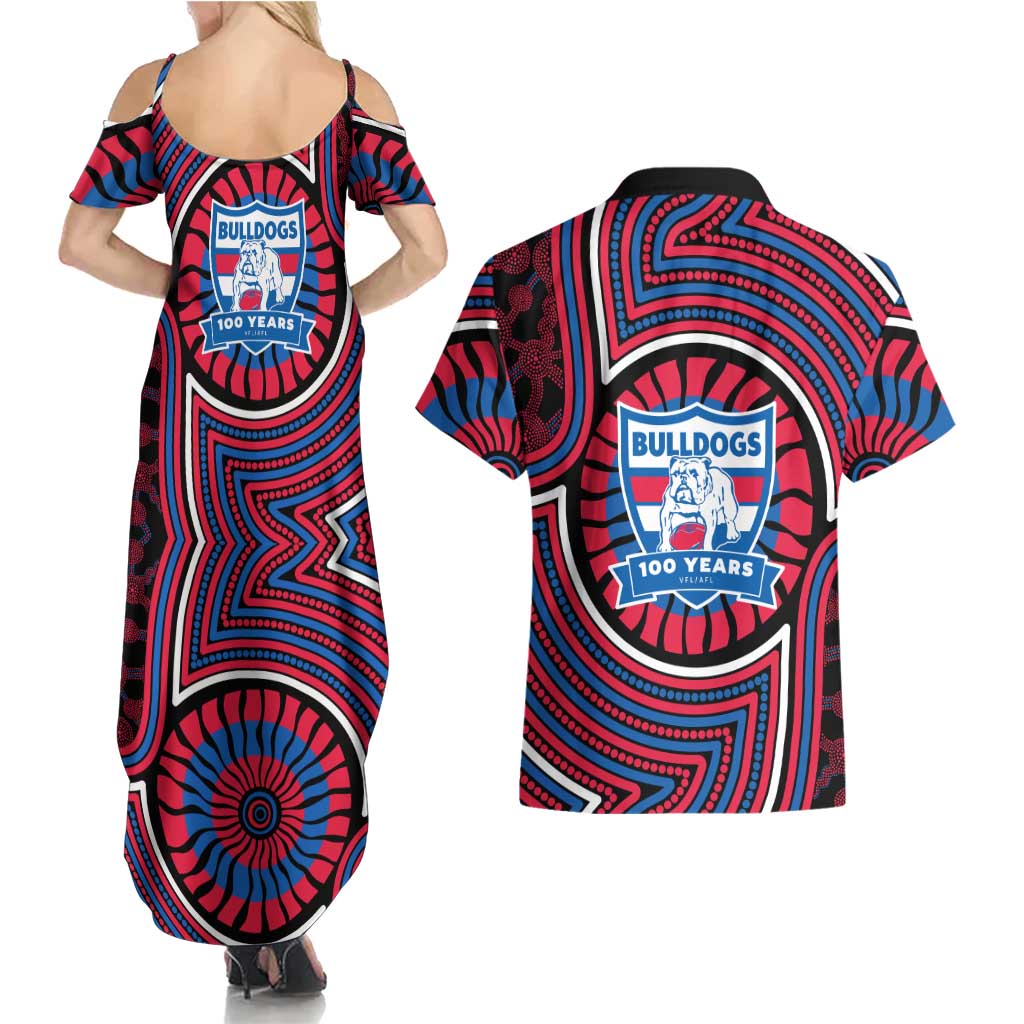 Western Bulldogs Couples Matching Summer Maxi Dress and Hawaiian Shirt Indigenous Monochrome Dot Art Mascot Style