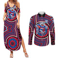 Western Bulldogs Couples Matching Summer Maxi Dress and Long Sleeve Button Shirt Indigenous Monochrome Dot Art Mascot Style