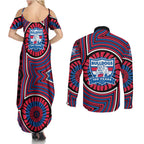 Western Bulldogs Couples Matching Summer Maxi Dress and Long Sleeve Button Shirt Indigenous Monochrome Dot Art Mascot Style