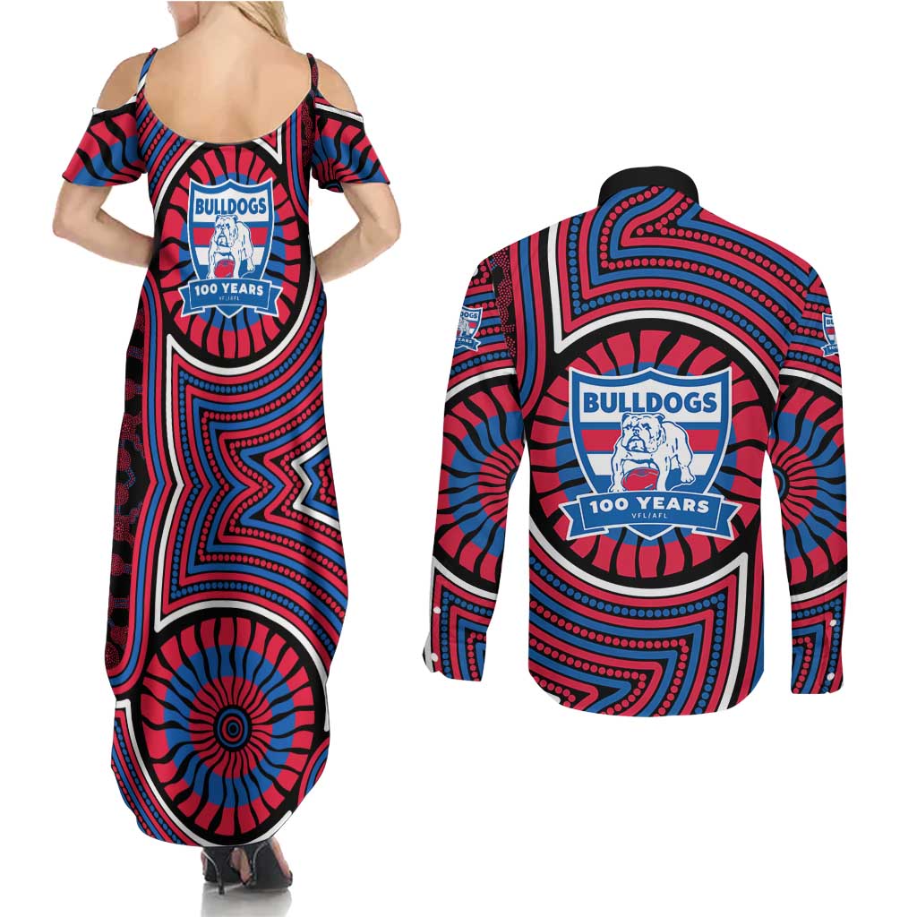Western Bulldogs Couples Matching Summer Maxi Dress and Long Sleeve Button Shirt Indigenous Monochrome Dot Art Mascot Style