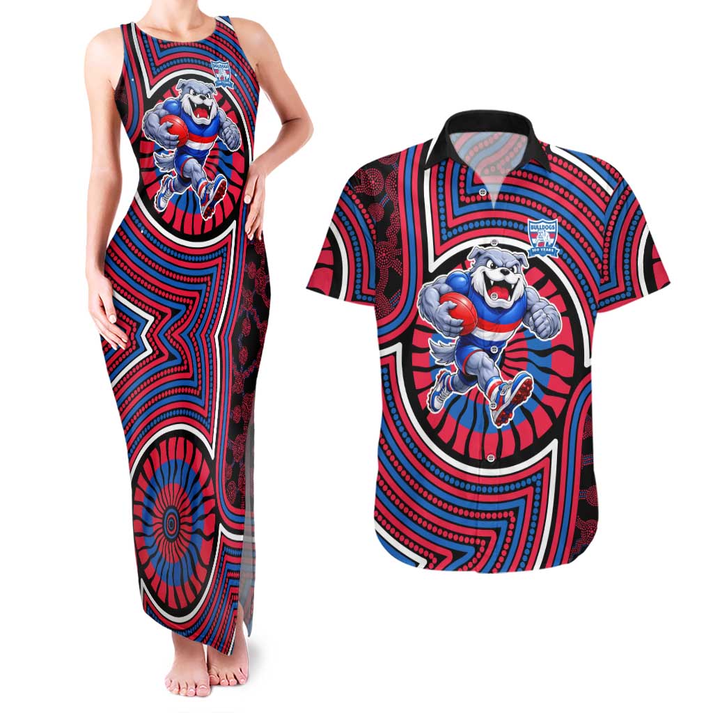 Western Bulldogs Couples Matching Tank Maxi Dress and Hawaiian Shirt Indigenous Monochrome Dot Art Mascot Style
