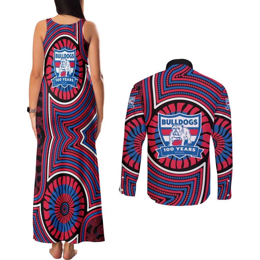 Western Bulldogs Couples Matching Tank Maxi Dress and Long Sleeve Button Shirt Indigenous Monochrome Dot Art Mascot Style