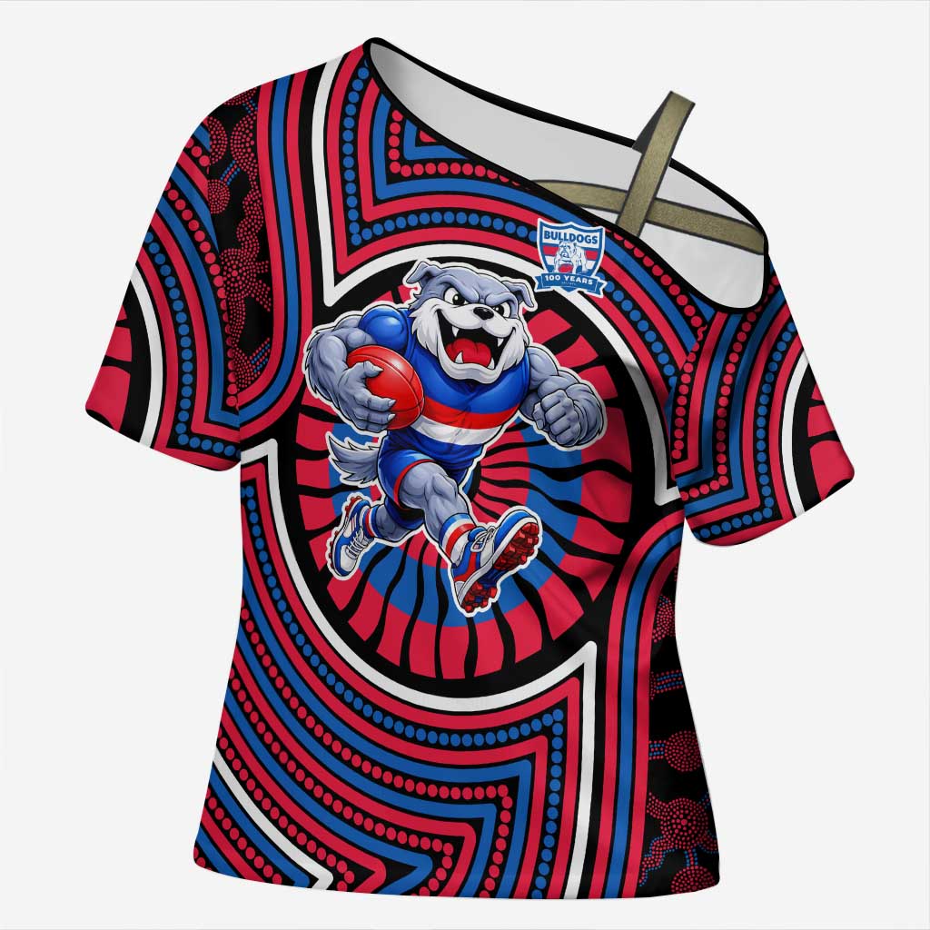 Western Bulldogs Cross Shoulder Shirt Indigenous Monochrome Dot Art Mascot Style