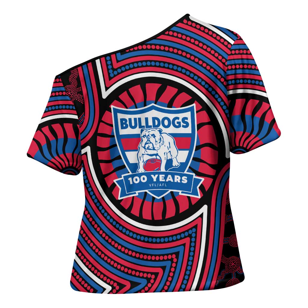 Western Bulldogs Cross Shoulder Shirt Indigenous Monochrome Dot Art Mascot Style