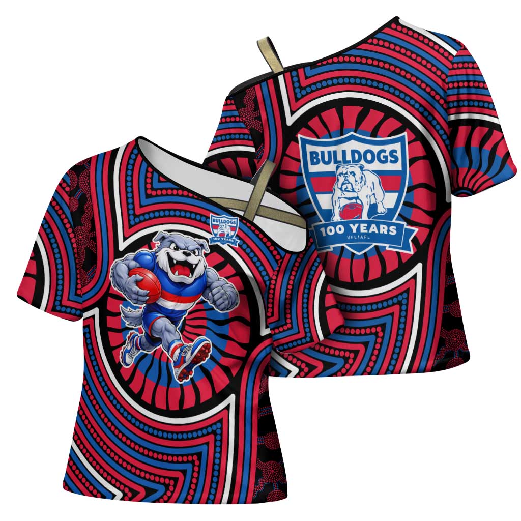 Western Bulldogs Cross Shoulder Shirt Indigenous Monochrome Dot Art Mascot Style