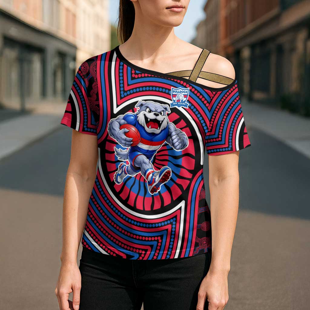 Western Bulldogs Cross Shoulder Shirt Indigenous Monochrome Dot Art Mascot Style