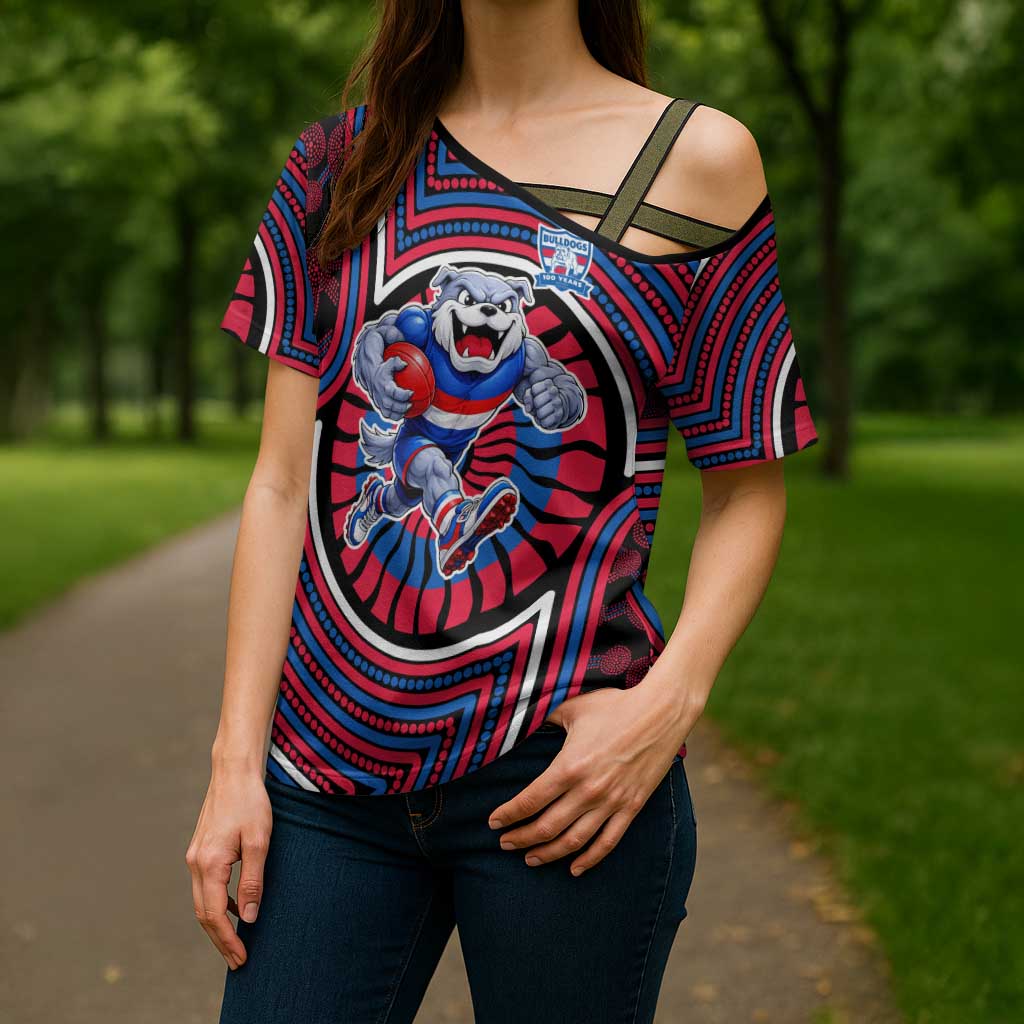 Western Bulldogs Cross Shoulder Shirt Indigenous Monochrome Dot Art Mascot Style