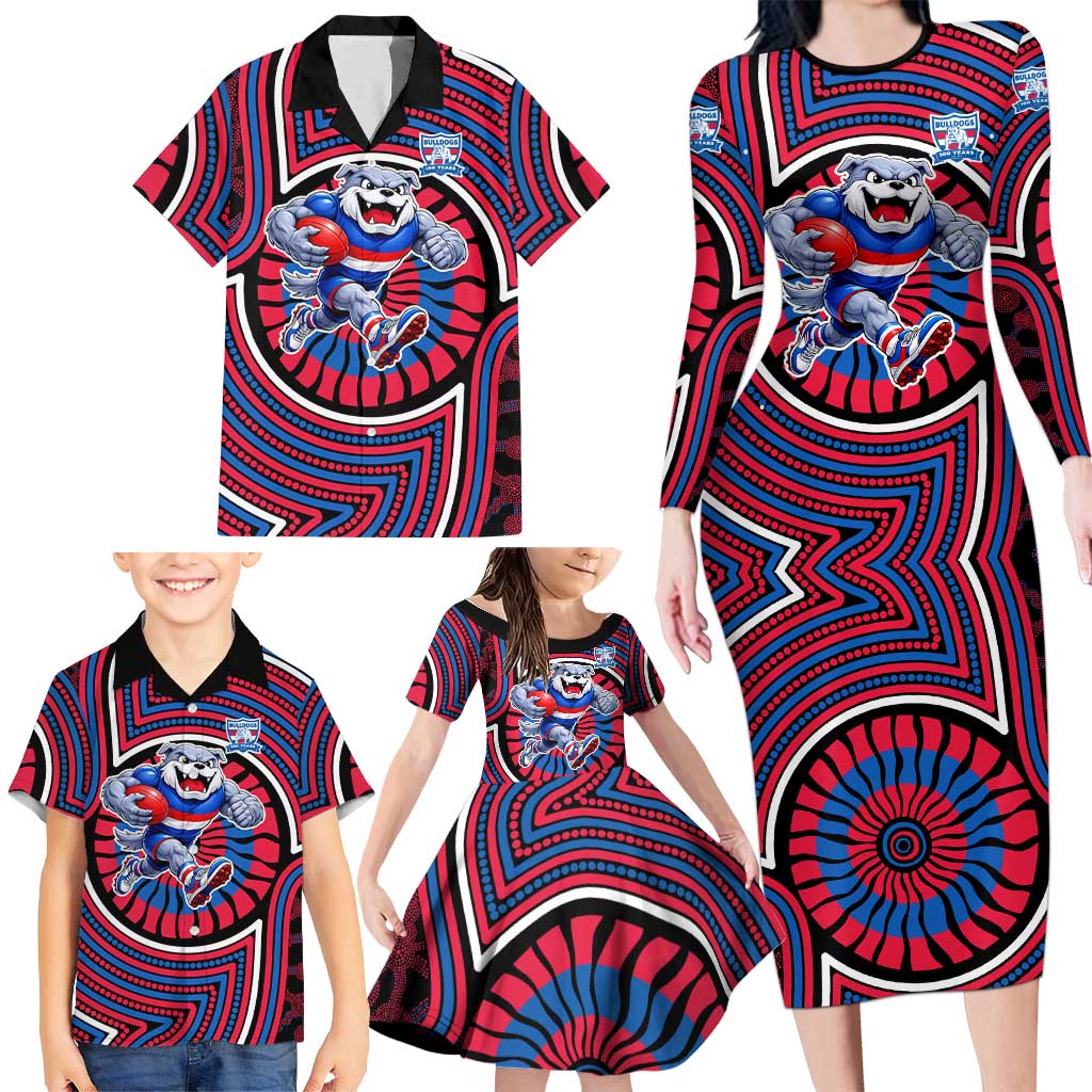 Western Bulldogs Family Matching Long Sleeve Bodycon Dress and Hawaiian Shirt Indigenous Monochrome Dot Art Mascot Style