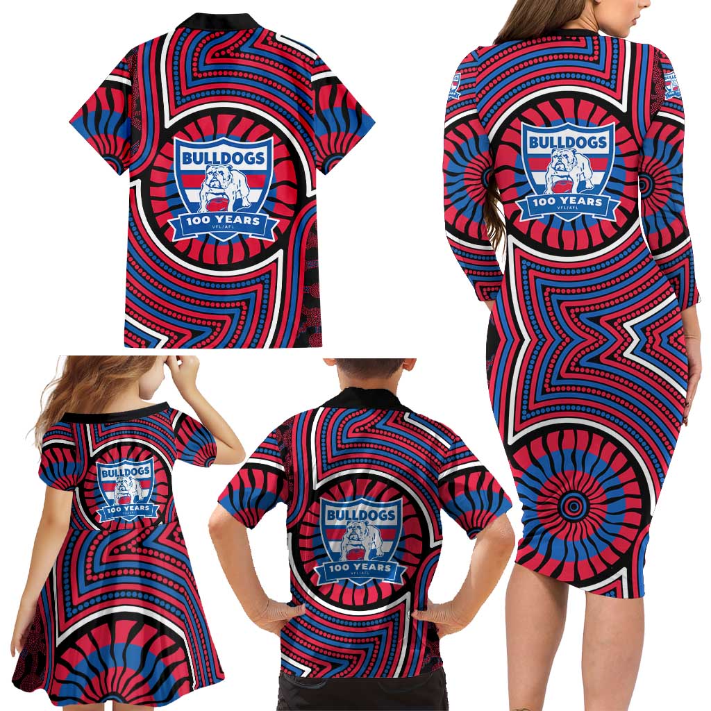 Western Bulldogs Family Matching Long Sleeve Bodycon Dress and Hawaiian Shirt Indigenous Monochrome Dot Art Mascot Style