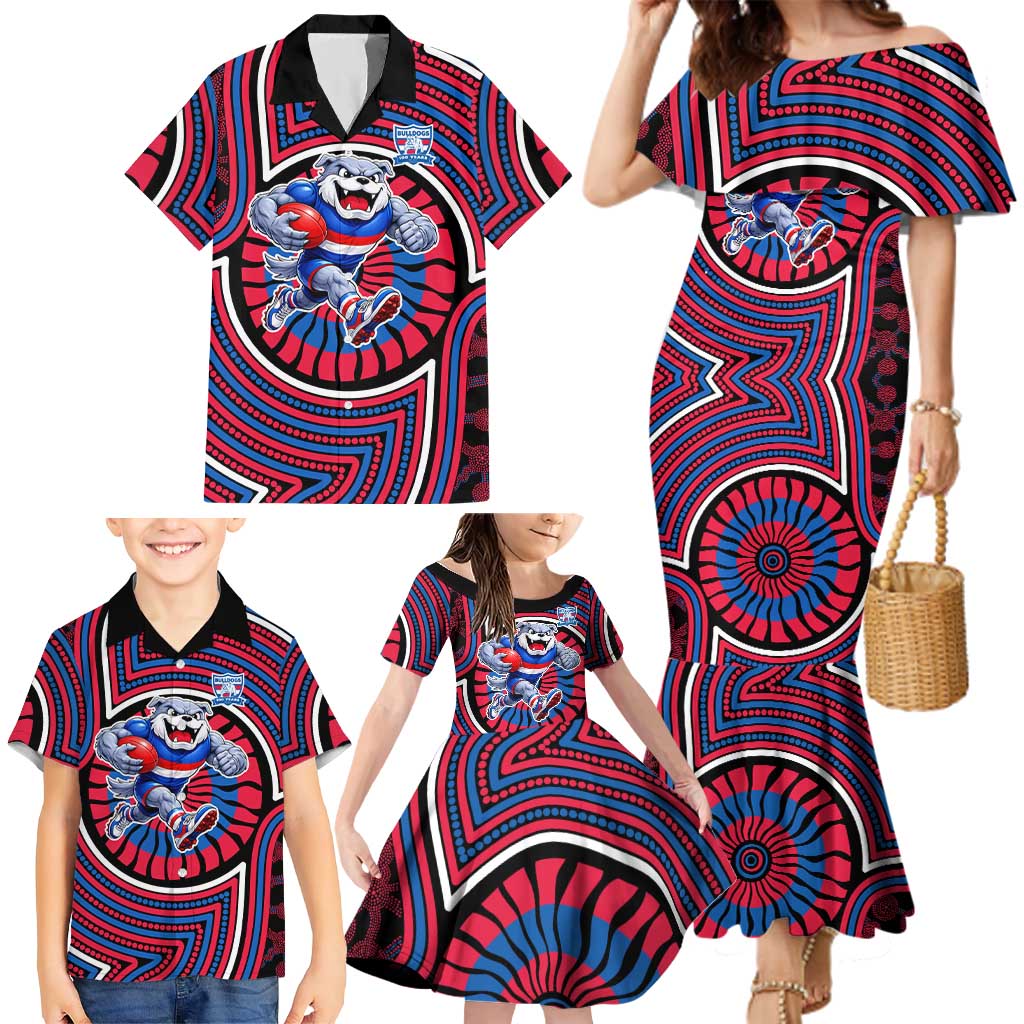 Western Bulldogs Family Matching Mermaid Dress and Hawaiian Shirt Indigenous Monochrome Dot Art Mascot Style