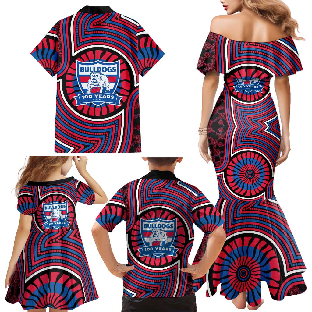 Western Bulldogs Family Matching Mermaid Dress and Hawaiian Shirt Indigenous Monochrome Dot Art Mascot Style